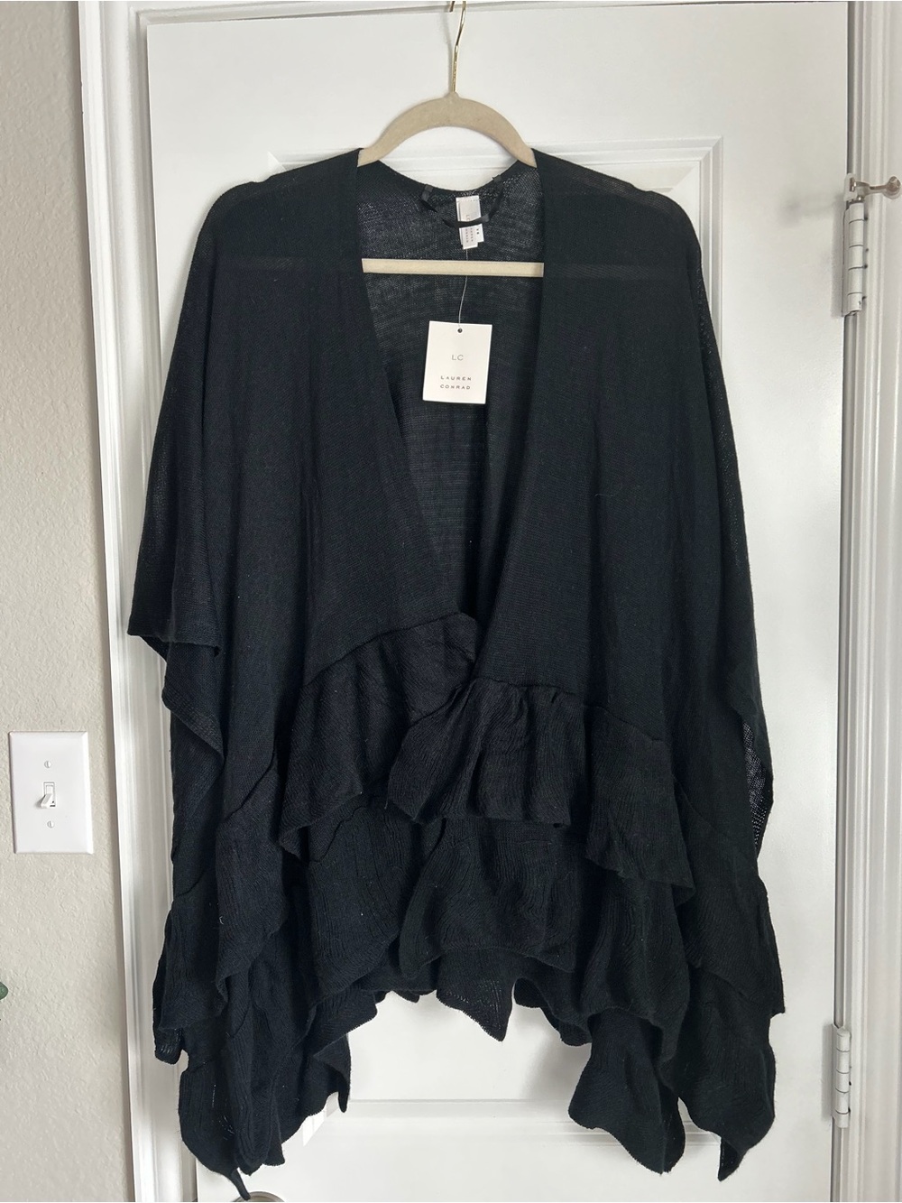 LC Lauren Conrad Black Ruffle Open-Front Poncho Sweater